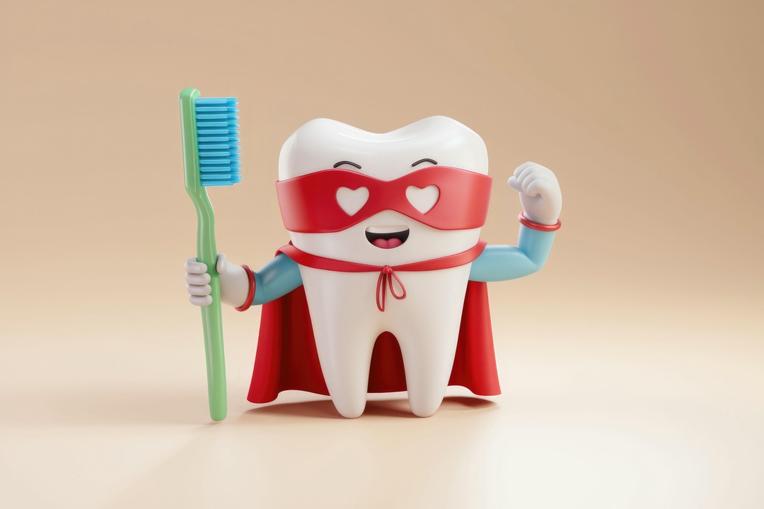 A superhero tooth character holding a toothbrush, promoting oral hygiene.